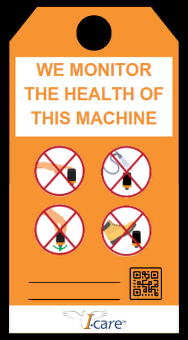 [130304] label ; vibration ; we monitor the health of this machine ; orange ; 140x70 mm ; I-care branded